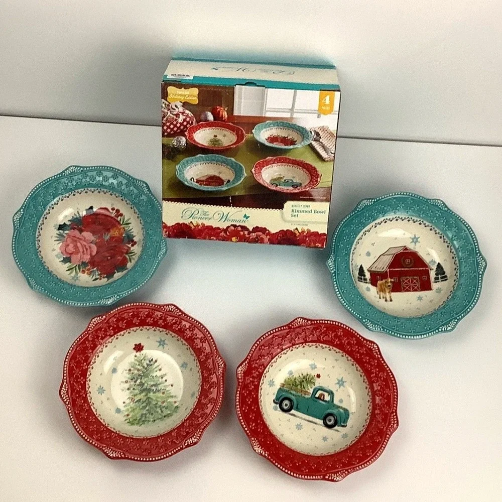 The Pioneer Woman Jolly Icons 4-Piece Rimmed Bowl Set Holiday Edition 9.25in